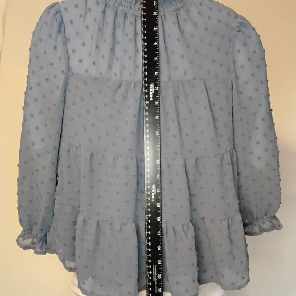 Monteau LA Upscale Boho Womens Lg Top Denim Blue Chiffon Swiss Dot Bell Sleeves - Picture 6 of 13